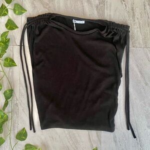 Zara Cropped Muscle Tank Crop Top NWT SMALL Black Sleeve Tie ruche Ribbed Tee
